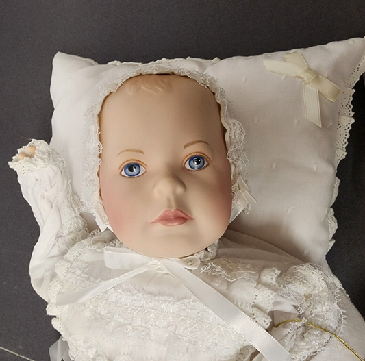 Porcelain The Victorian Christening Doll by Franklin Heirloom Dolls with Stand