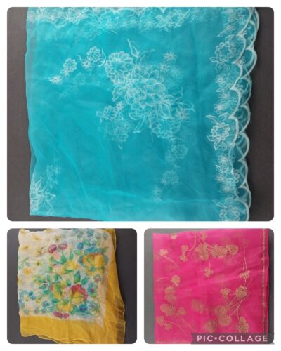 3 Scarves Scarf Neck Head Rayon Nylon Embosses Florral Flowers Blue Pink Vintage