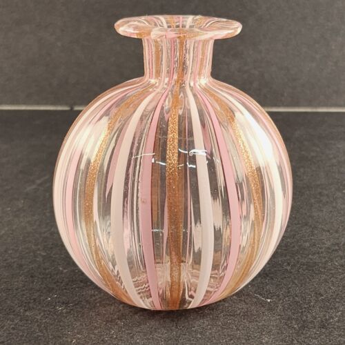 Miniature Clear Melon Vase Pink White Glitter Ribbons 3" tall Unbranded Vintage