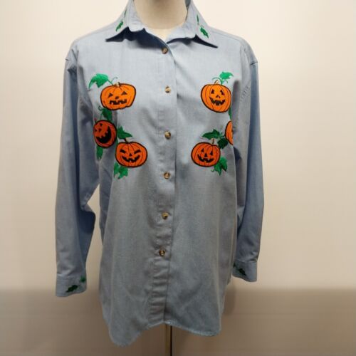 Falls Creek Blue Blouse With Pumpkins Button up Long Sleeve Cuffed Size Small