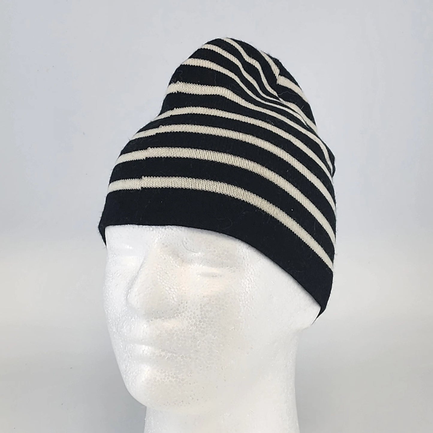 Black White Striped Knit Beanie Hat One Size Unisex Handcrafted Style Winter Cap