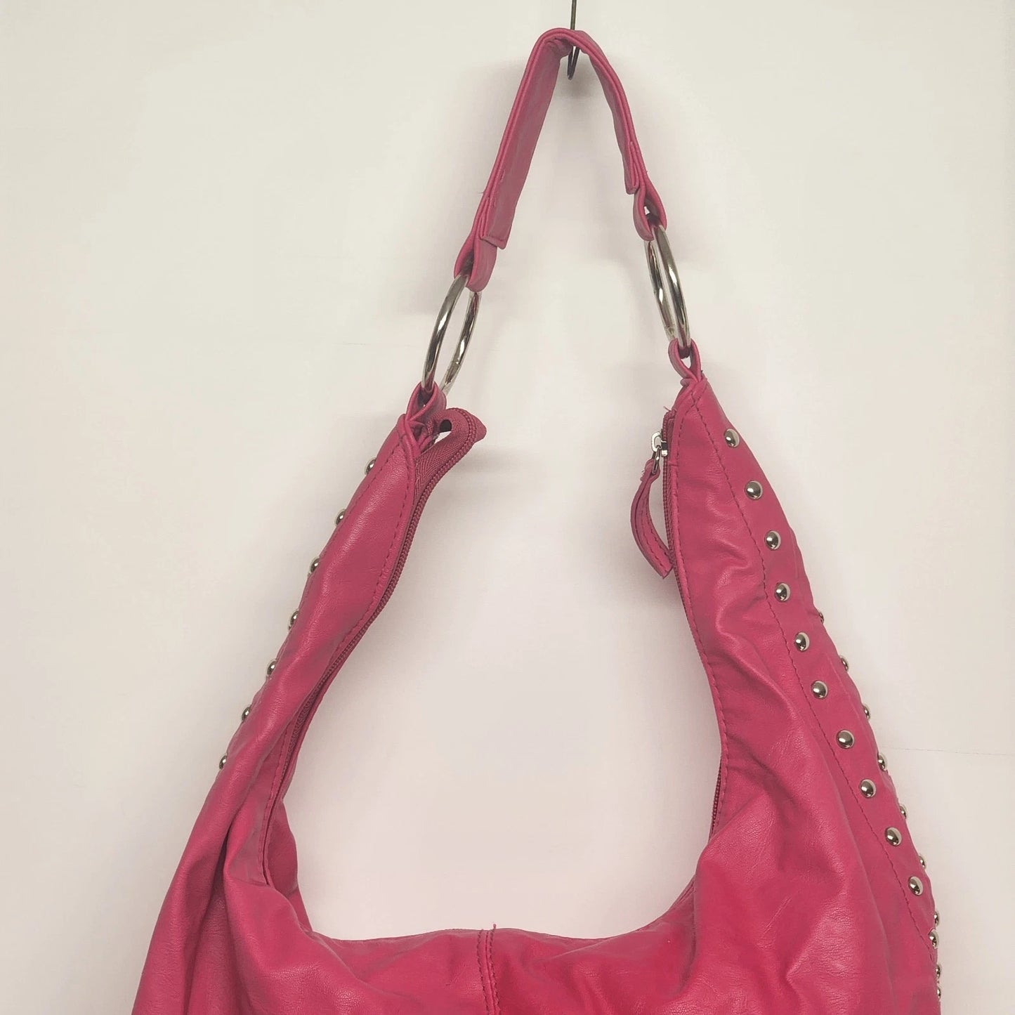 Pink Leather Hobo Bag Studded Hand Shoulder Purse Silver Studs Slouchy 12" Vtg