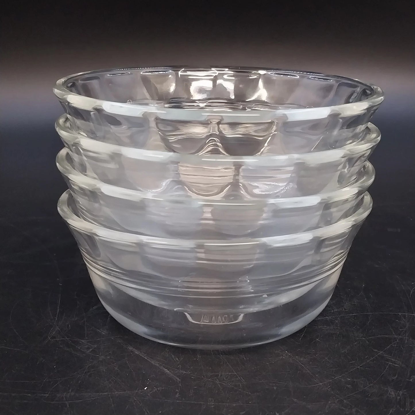 Pyrex 464 Clear Glass Custard Baking Bowls 4 Pcs Scalloped 3 Ring 10 oz USA Vtg