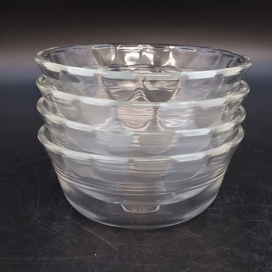 Pyrex 464 Clear Glass Custard Baking Bowls 4 Pcs Scalloped 3 Ring 10 oz USA Vtg