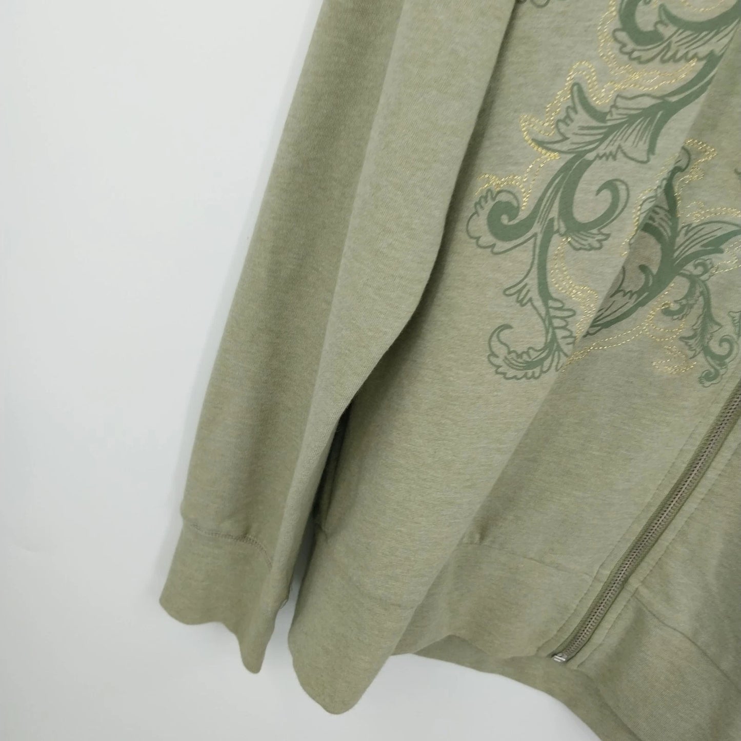 Massini Women's Zip Up Hoodie Size XL Floral Paisley Army Green Cotton Blend Y2K