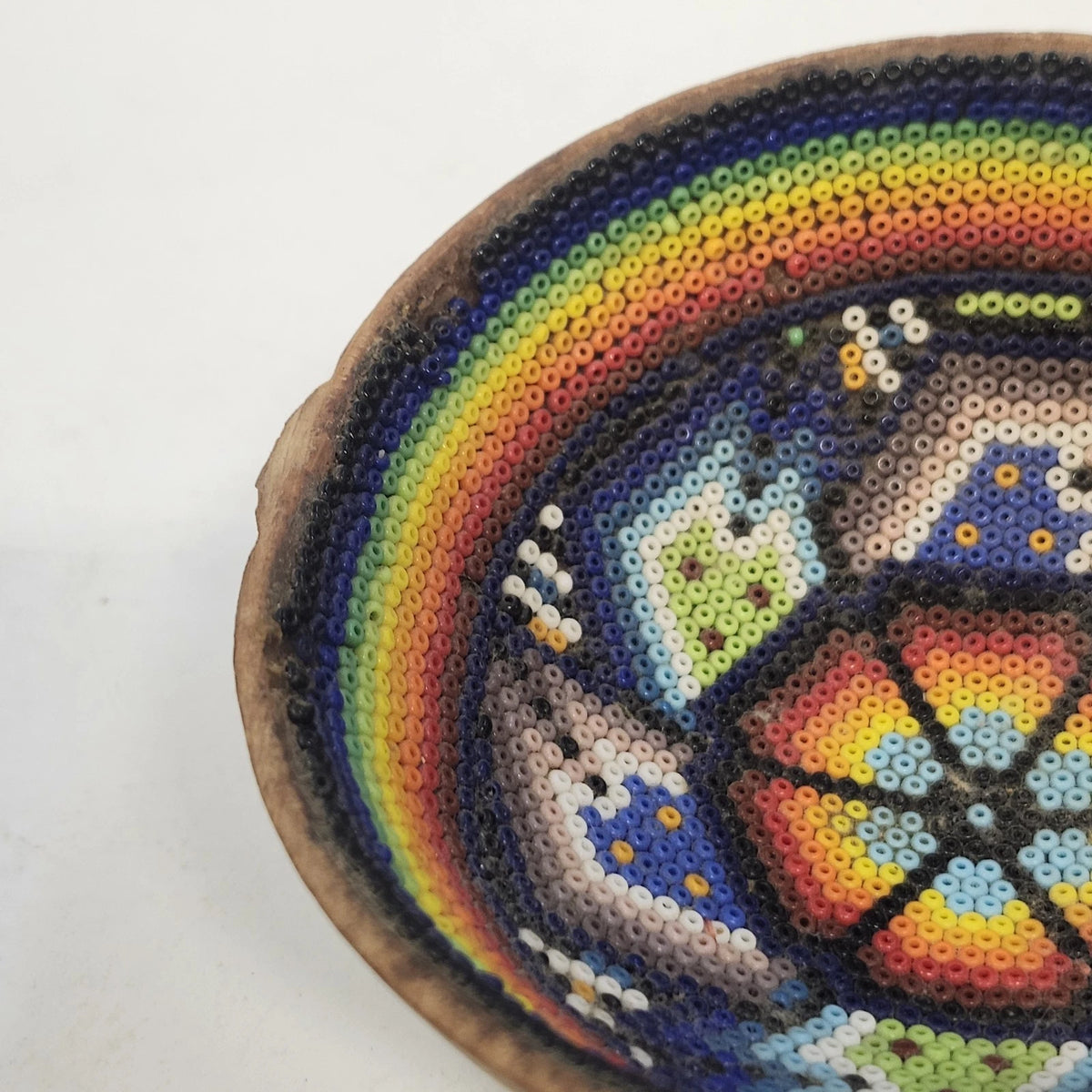 Hand Beaded Gourd Bowl Mexican Folk Art Rainbow Bird Floral Geometric 4" x 2"