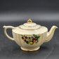 Sadler Teapot Fruit Design England White Gold Trim 6" Wide x 4" Tall + Lid Vtg