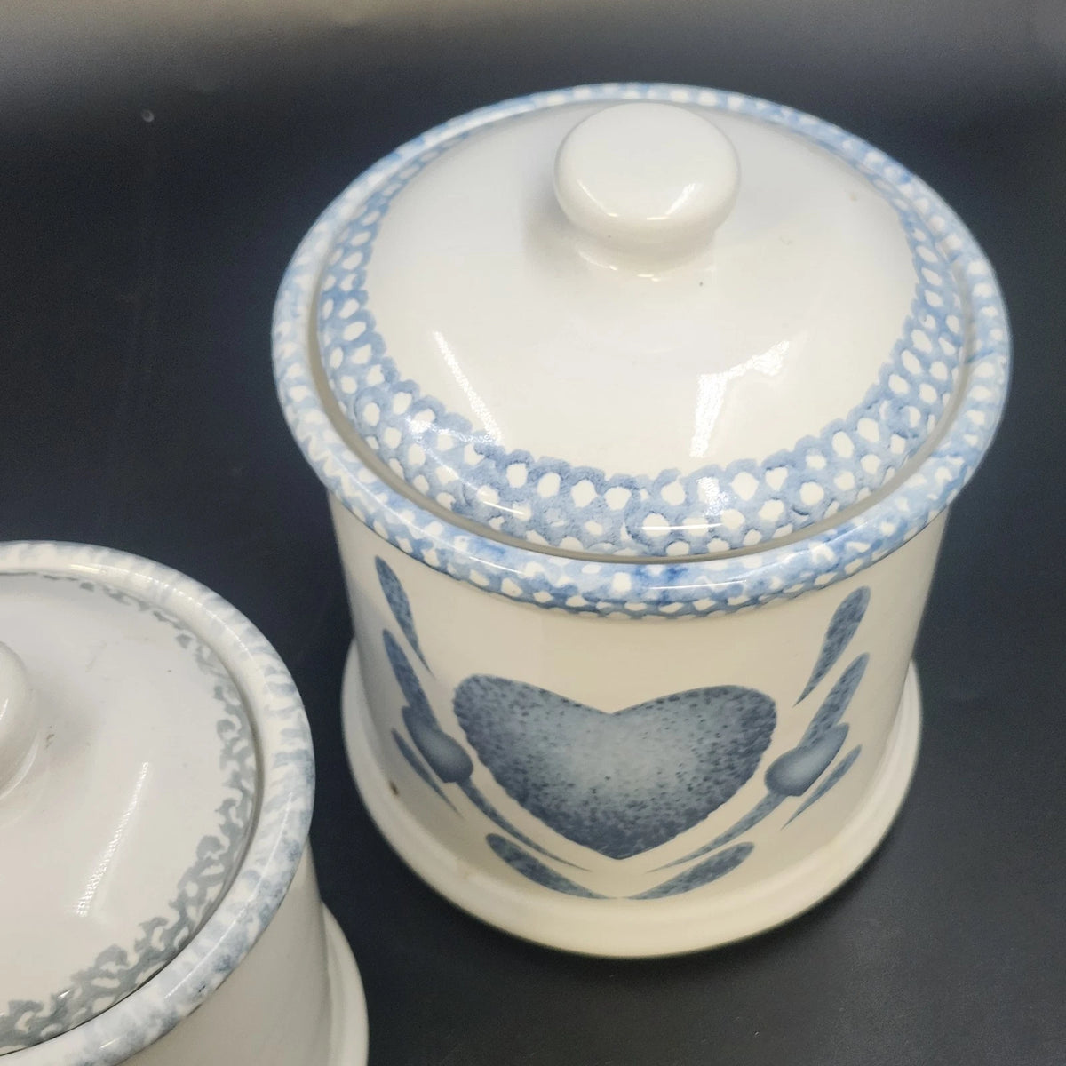 Blue Heart Canister Set 3 Lidded Ceramic Stoneware Farmhouse Kitchen Jars 1980s