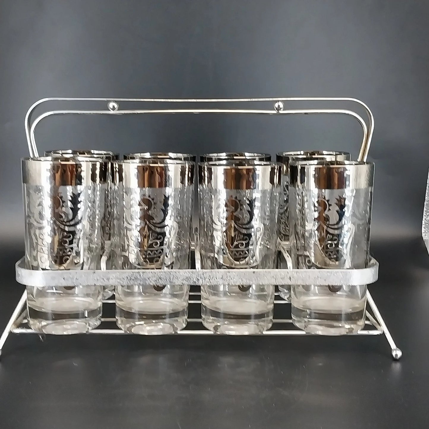Kimiko Silver Knight Shield Highball Glasses 5.5" Set of 8 Metal Carrier MCM Vtg