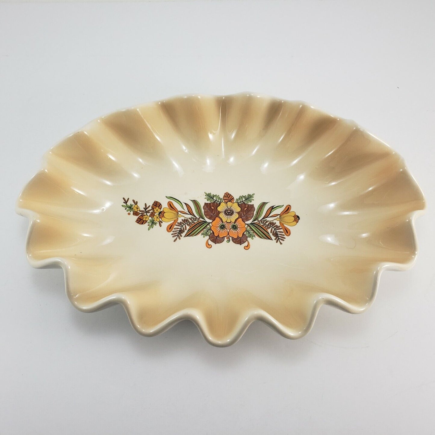 Vintage Ruffled Edge Ceramic Bowl 12 Inch Autumn Floral