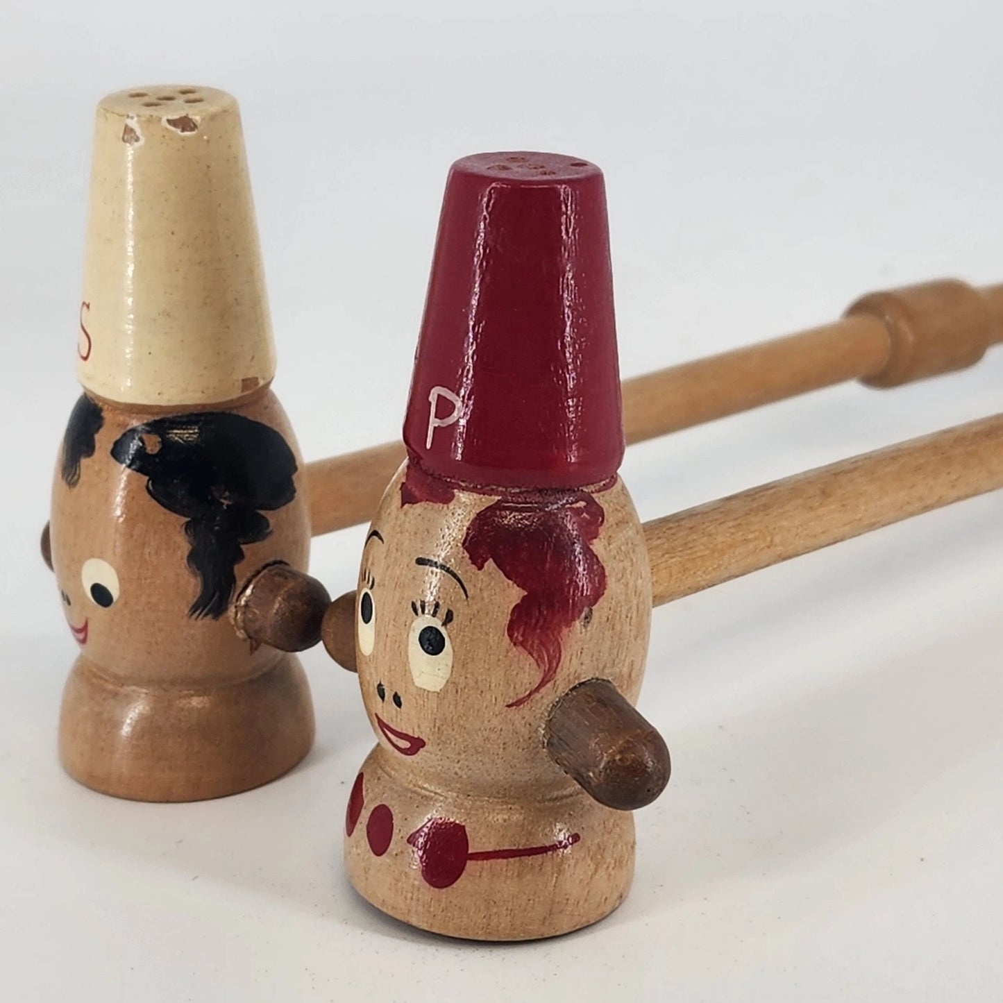 Chef Salt & Pepper Shakers Set Wood Long Handle 3" Japan 1950's Kitchen Decor