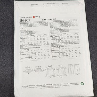 Butterick See & Sew B6402 Sewing Pattern 2016 Uncut Girls Pajamas Nightgown Sz A
