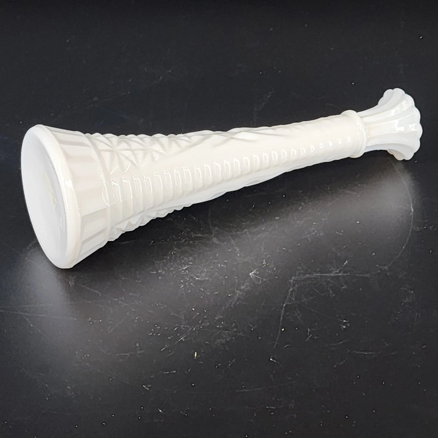 Anchor Hocking Milk Glass Stars and Bars Bud Vase 9" Tall Glossy White Glass Vtg