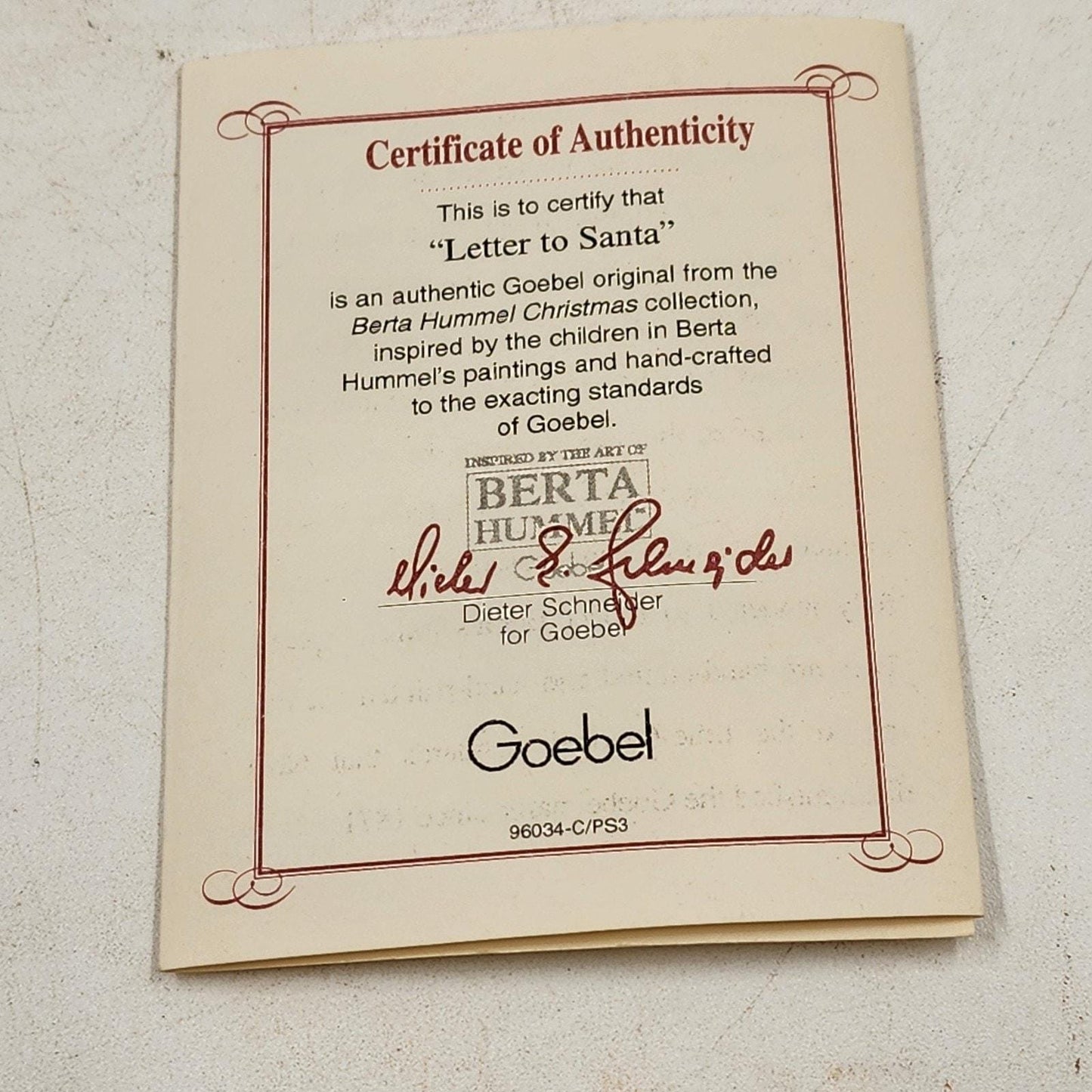 Berta Hummel's Letter to Santa Ornament Ashton Drake Studio Hummel Goebel 1998