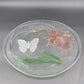 LE Smith 12.5" Clear Frosted Glass Plate Painted Iris & Butterfly Design Vtg
