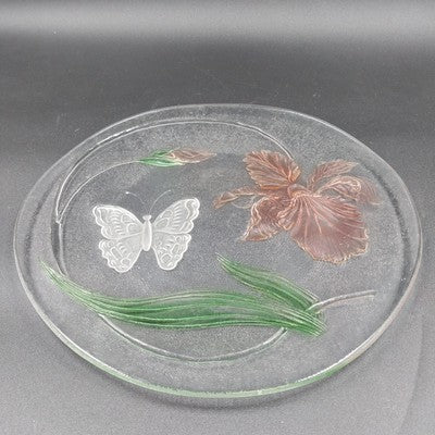 LE Smith 12.5" Clear Frosted Glass Plate Painted Iris & Butterfly Design Vtg