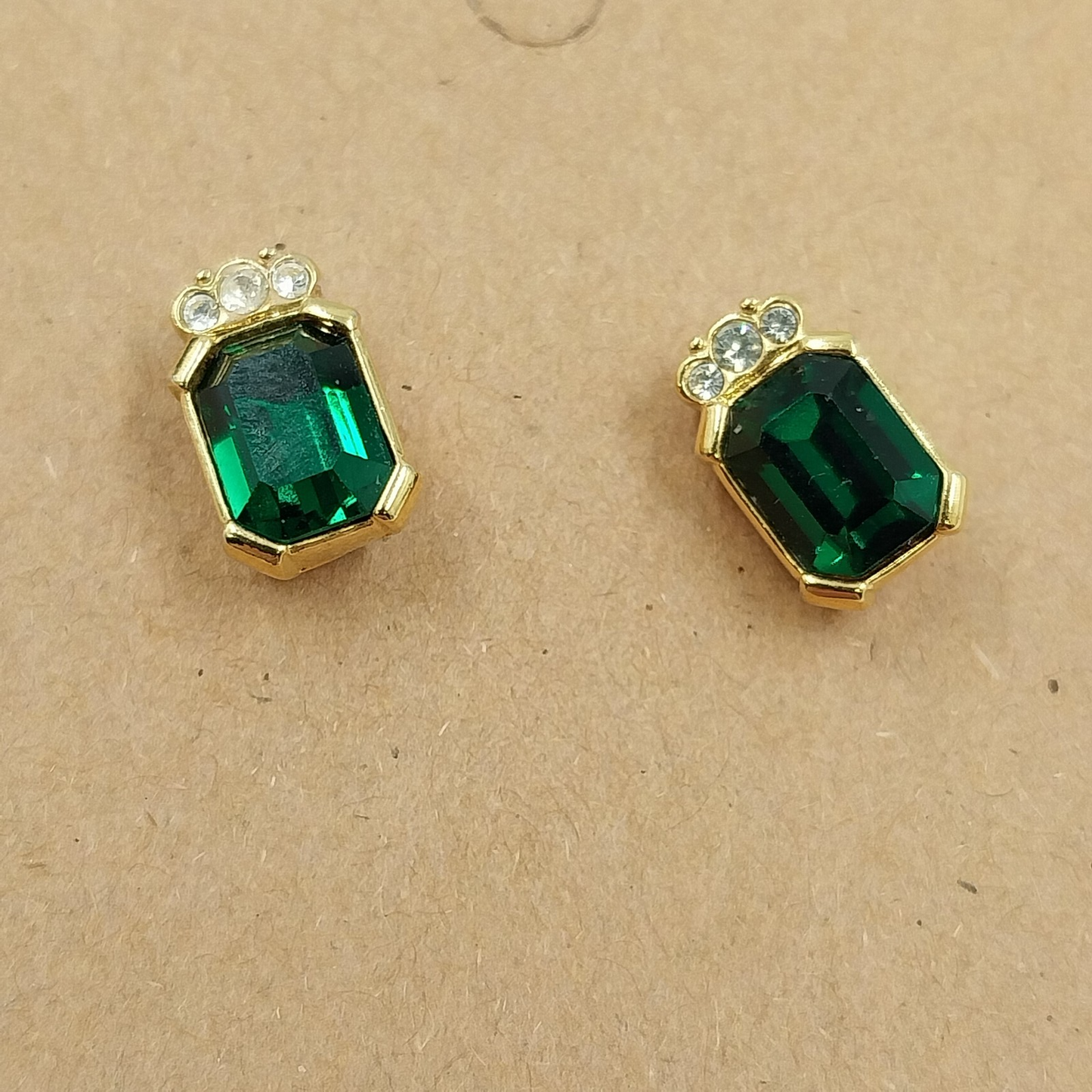 Gold Tone Emerald Cut Green & Clear Rhinestone Earrings Vintage