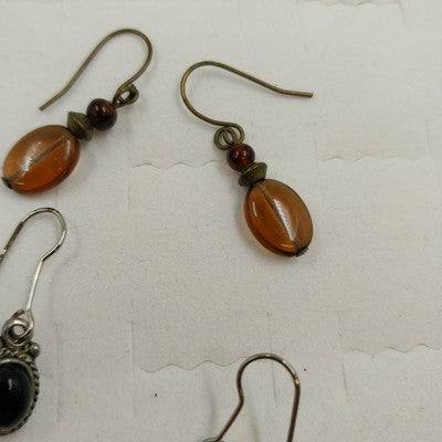 2 Dangle Earrings Silver Onyx Lever & Bronze Amber Bead Hook Set Vintage