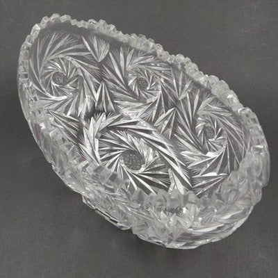 American Brilliant Cut Lead Crystal Bowl 9.5" x 4.25" Starburst Pinwheel Fan Vtg