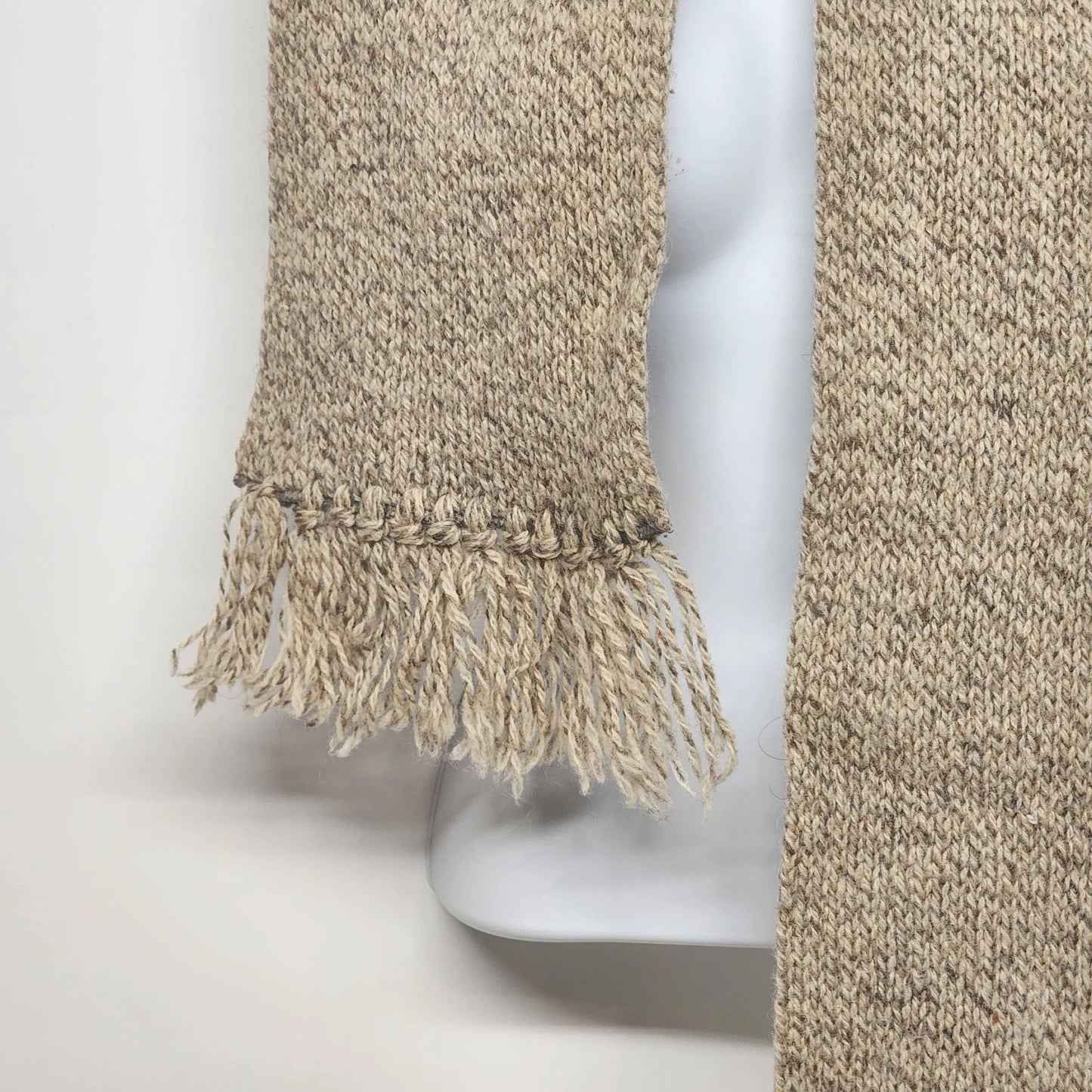 Hand Woven Beige Wool Scarf Knotted Fringe 48x7 Vintage