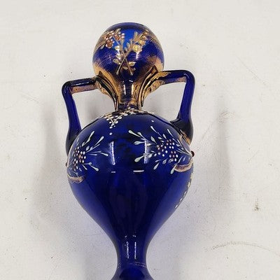 Art Nouveau Bohemian Cobalt Blue Glass Vase with Heavy Gold Gilding – 8" Tall – Dual Handles & Globe Top – Vintage European Display Piece