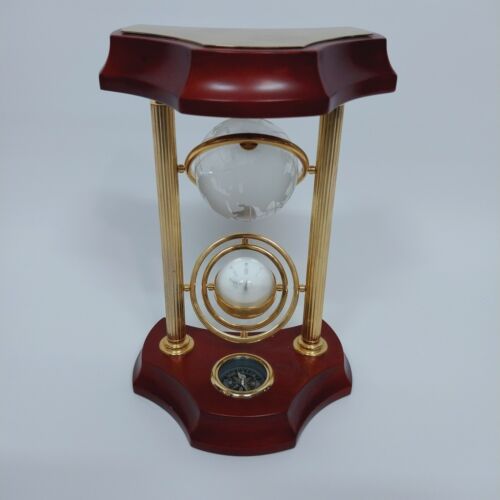 Bulova Wrexham Crystal Globe Sphere Clock Gyroscope Compass Wood Brass Frame