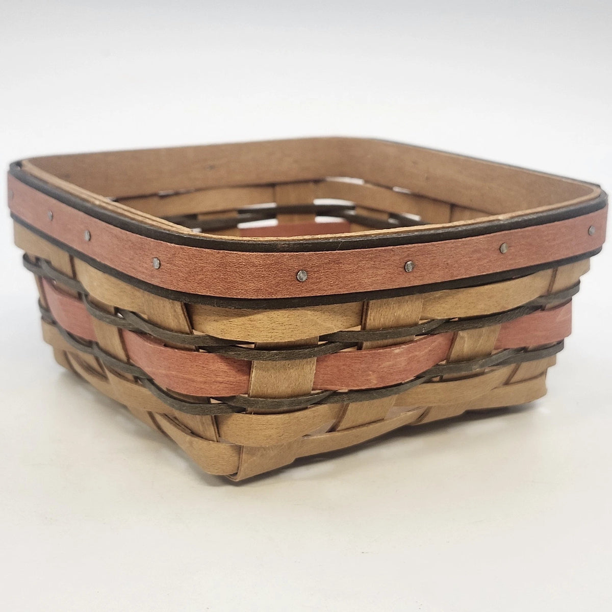 Longaberger Handwoven Natural Wood Basket Red Accent 6.75" Sq Dresden OH 2009