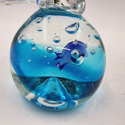 Art Glass Dolphin Figurine Leaping Over Cobalt Blue Ball 7" Paperweight