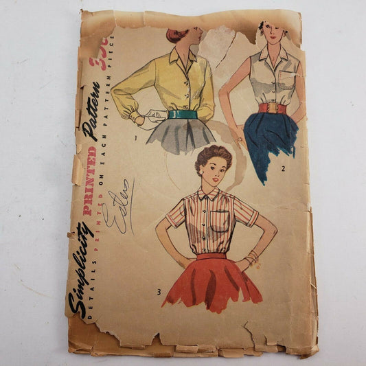 Simplicity Printed Sewing Pattern 4256 Junior Misses Button Down Blouse 1940s