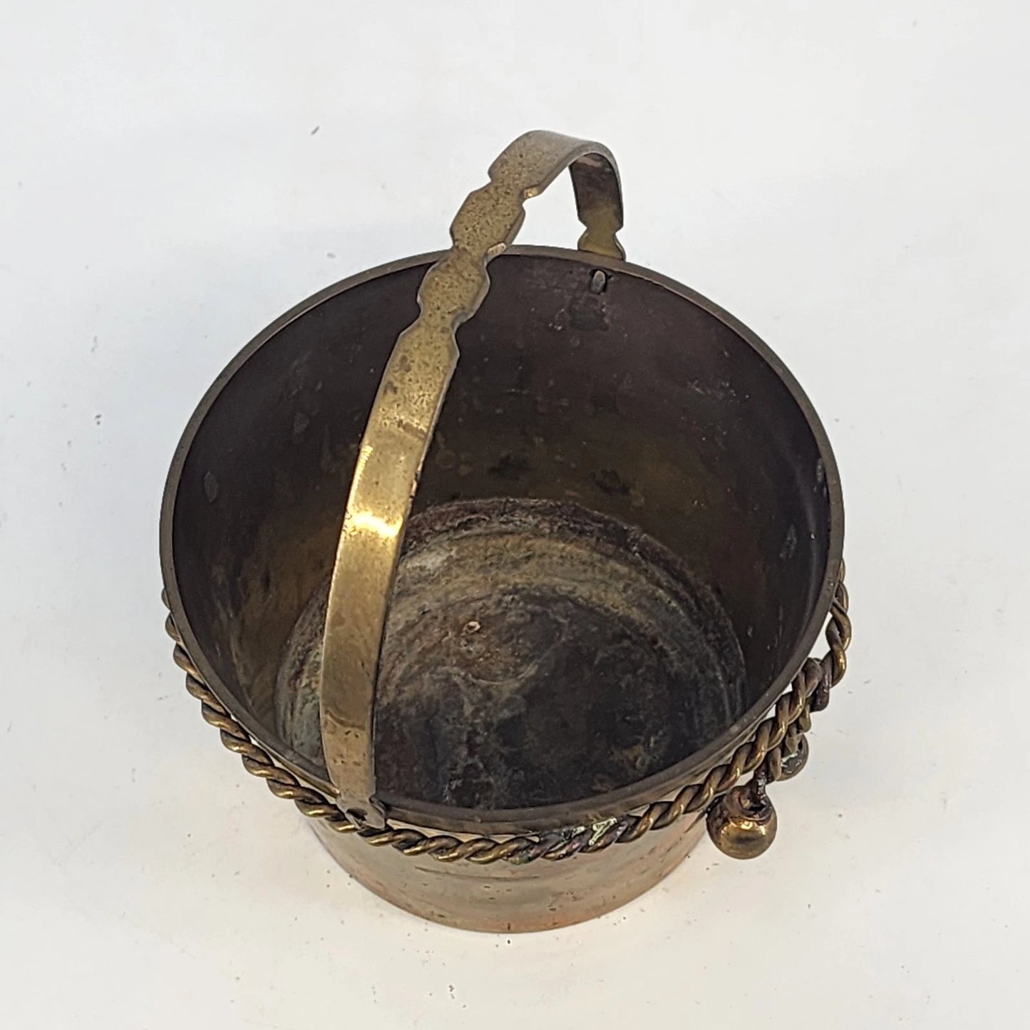 Kirklands Brass Bucket Basket 5" Rope Twist Around Body Tooled Handle Vintage