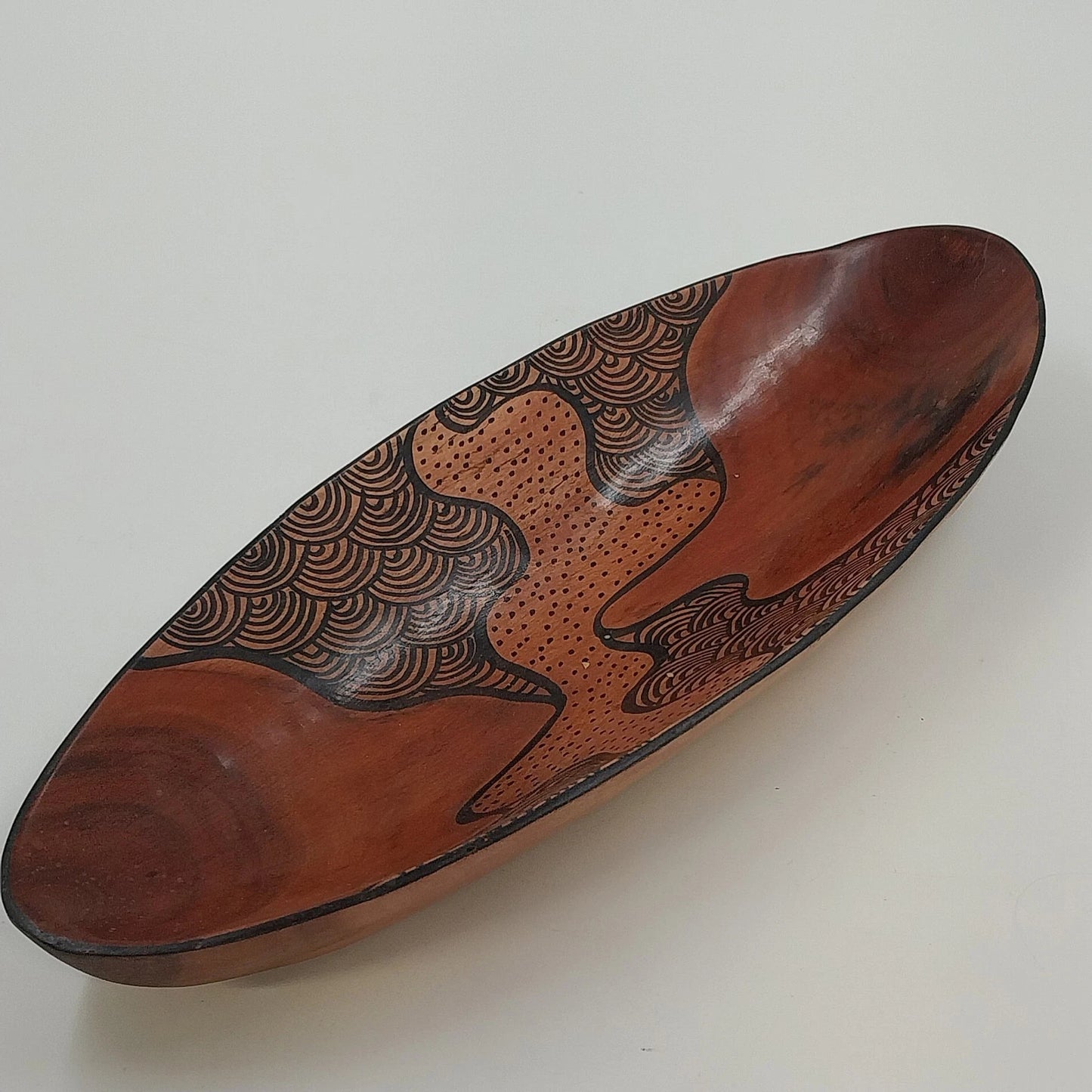 South African Hand Carved Hand Painted Wood Oval Decorative Bowl Abstract 12.5"