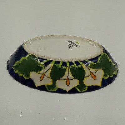 Talavera Calla Lilies Mexico Hand Painted Oval Bowl Art Pottery Signed Mexico Q