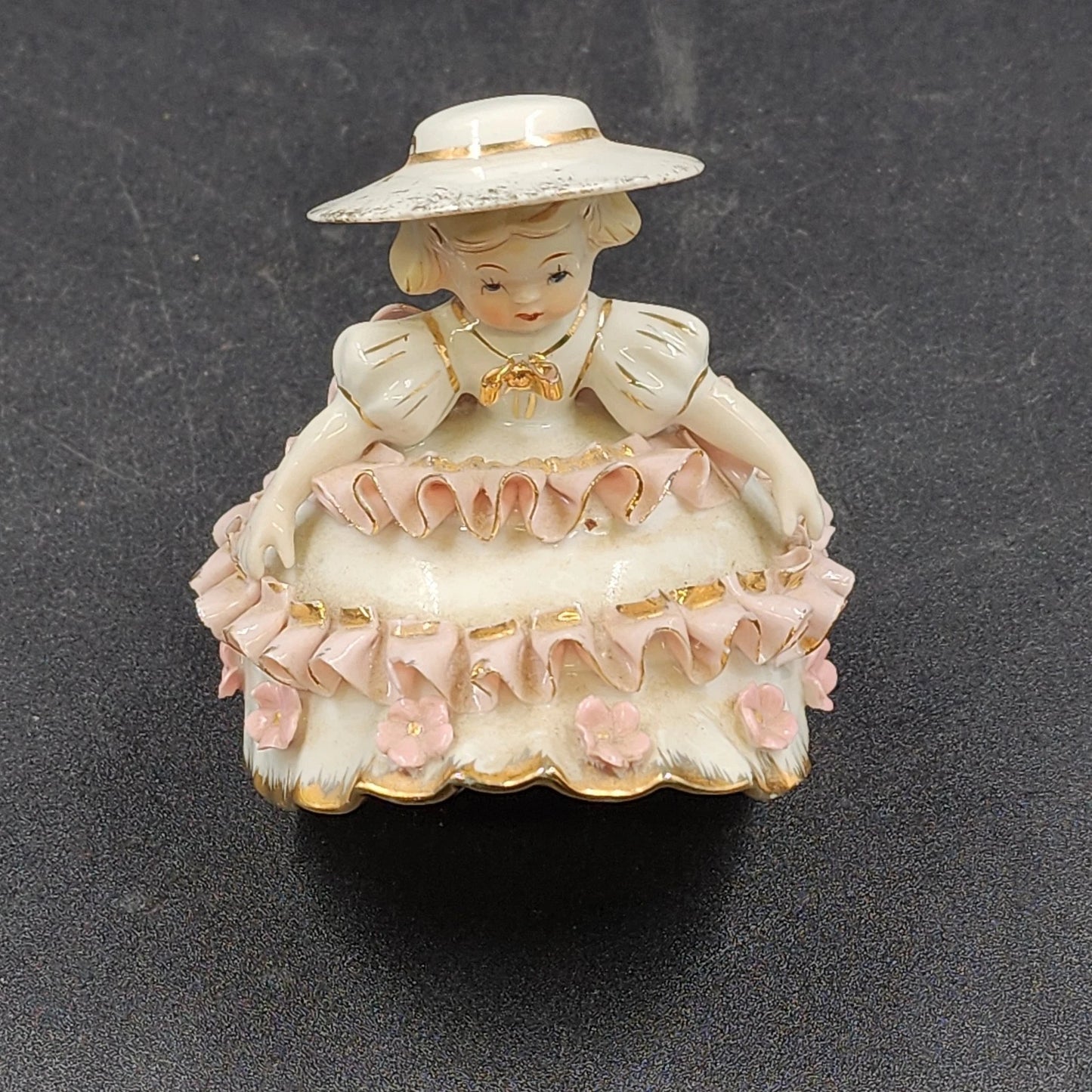 Lefton Bloomer Girl Figurine 4" Curtsy Dress Roses Gold Trim Signed Geo Z K1412