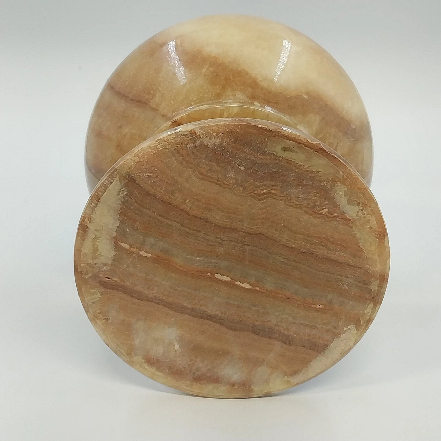 Banded Alabaster Pedestal Candy Dish Lidded Jar Cream Brown Natural Stone 9"
