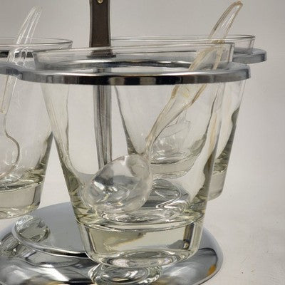 Kromex Condiment Carousel Caddy 3 Glass Ramekins & Spoons Rotating Chrome 11"h