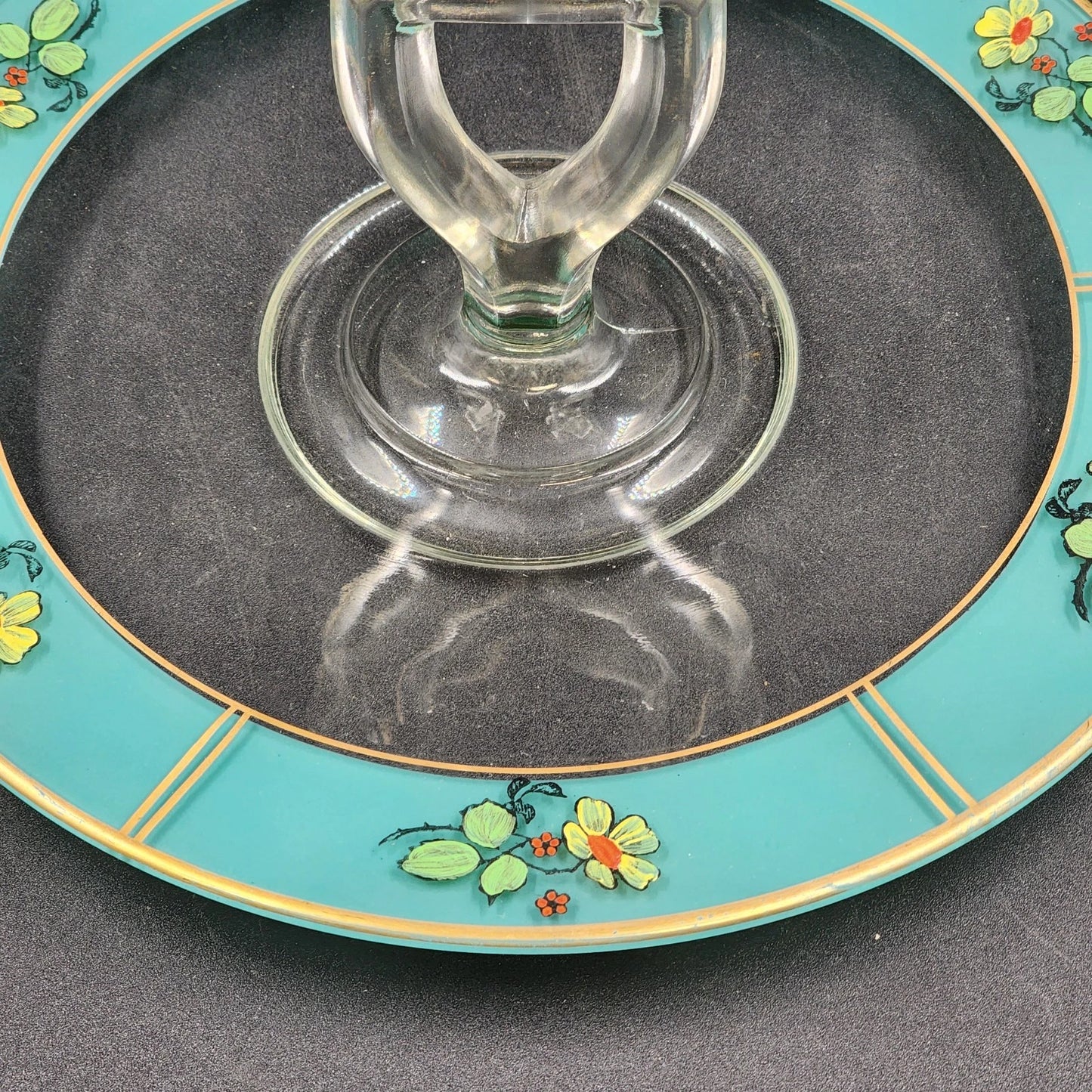 Reverse Painted Glass Tidbit Tray French cottage tableware Blue 11" MCM Server