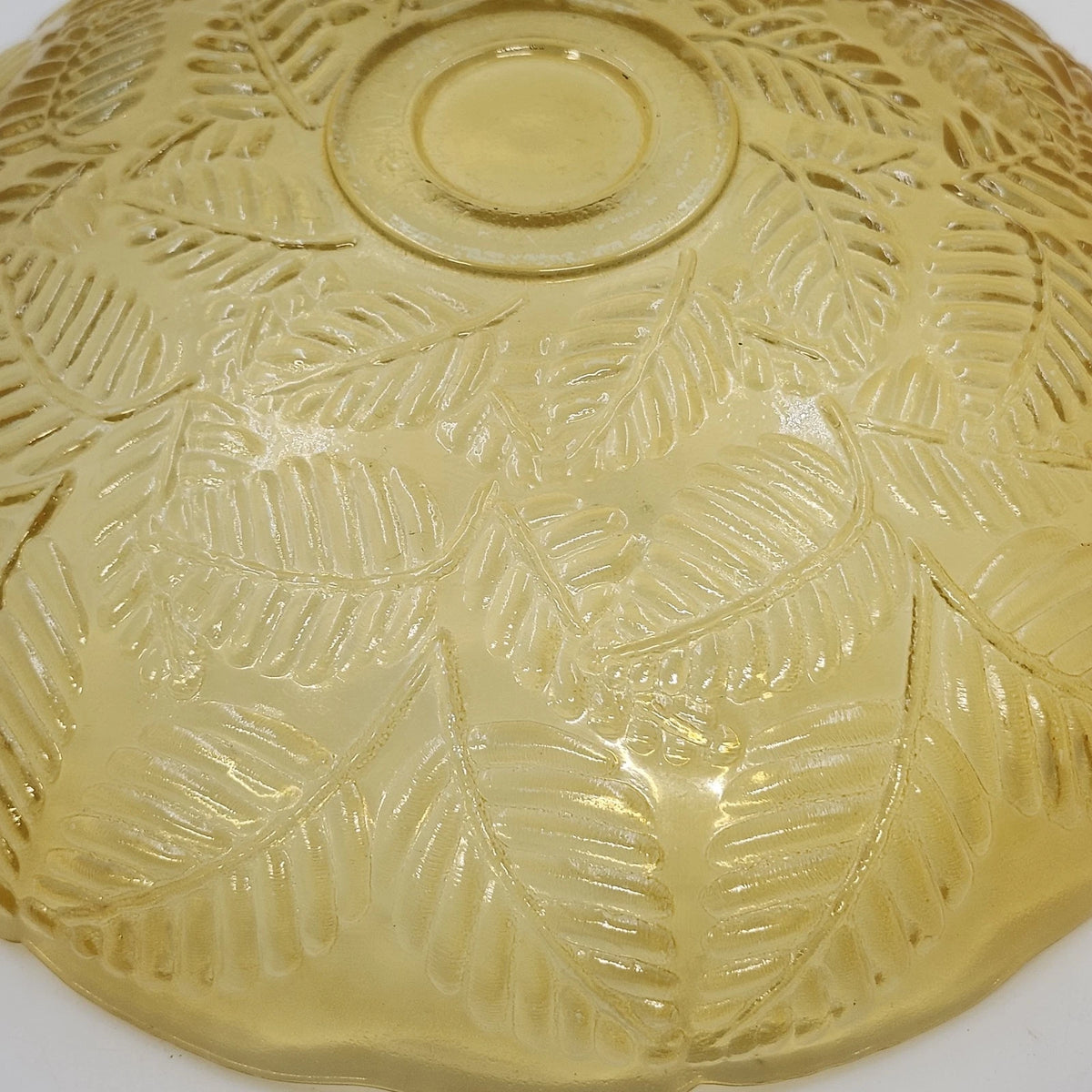 Amber Glass Serving Bowl Embossed Fern Leaf Pattern Scalloped Rim 13" Vintage