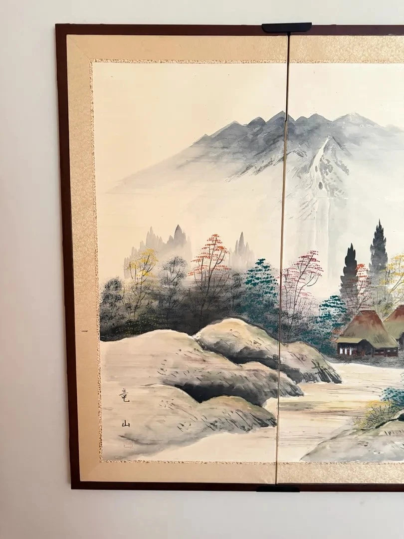 Toyo Japan Byobu 4 Panel Sansuiga Landscape Brass Trim Wall Screen 66x36 Hangers