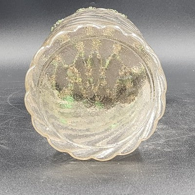 Clear Glass Swirl Decorative Jar w Carved Wood Fleur De Lis Lid & Beaded Chain