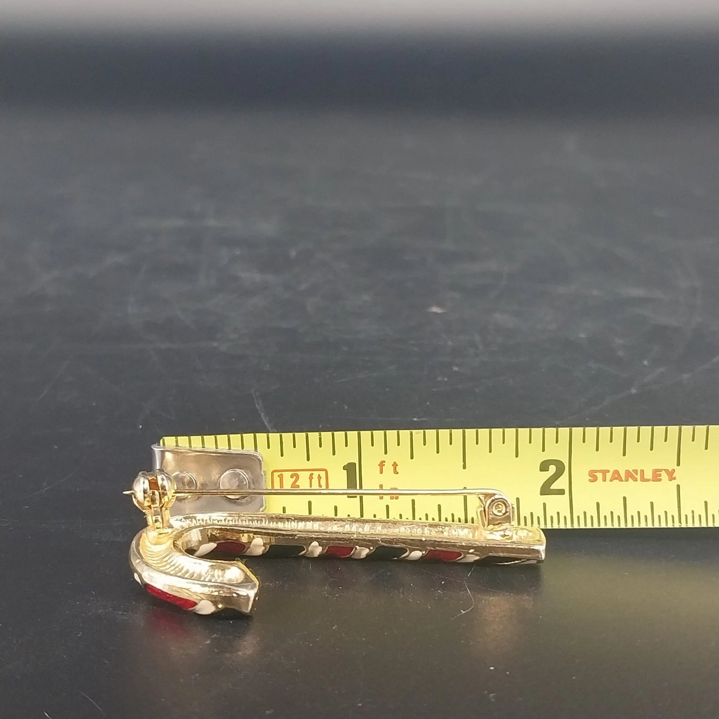 Candy Cane Christmas Brooch Pin Gold Tone Red Green Enamel 2" Holiday Vintage