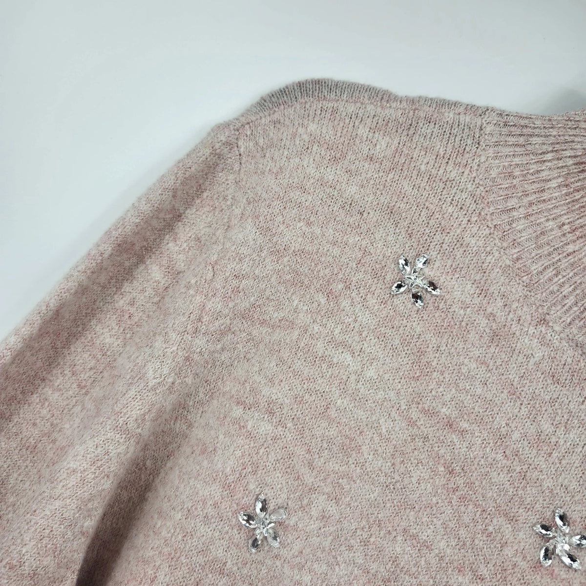 ELLE Women's XL Pink Metallic Knit Sweater Rhinestone Floral Crew Neck