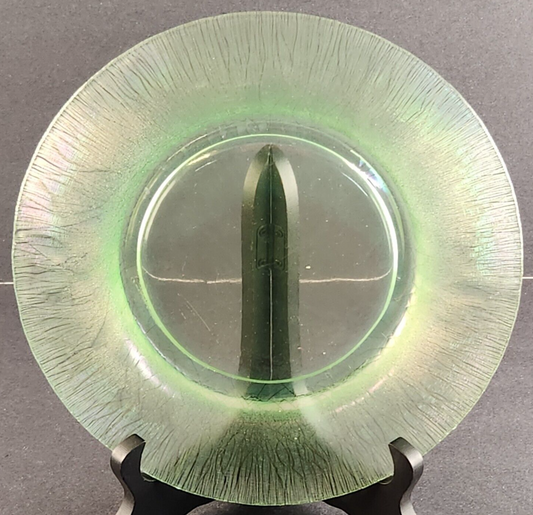 Iridescent Glass Salad Plate Vaseline Green Depression 9" Diameter Vintage