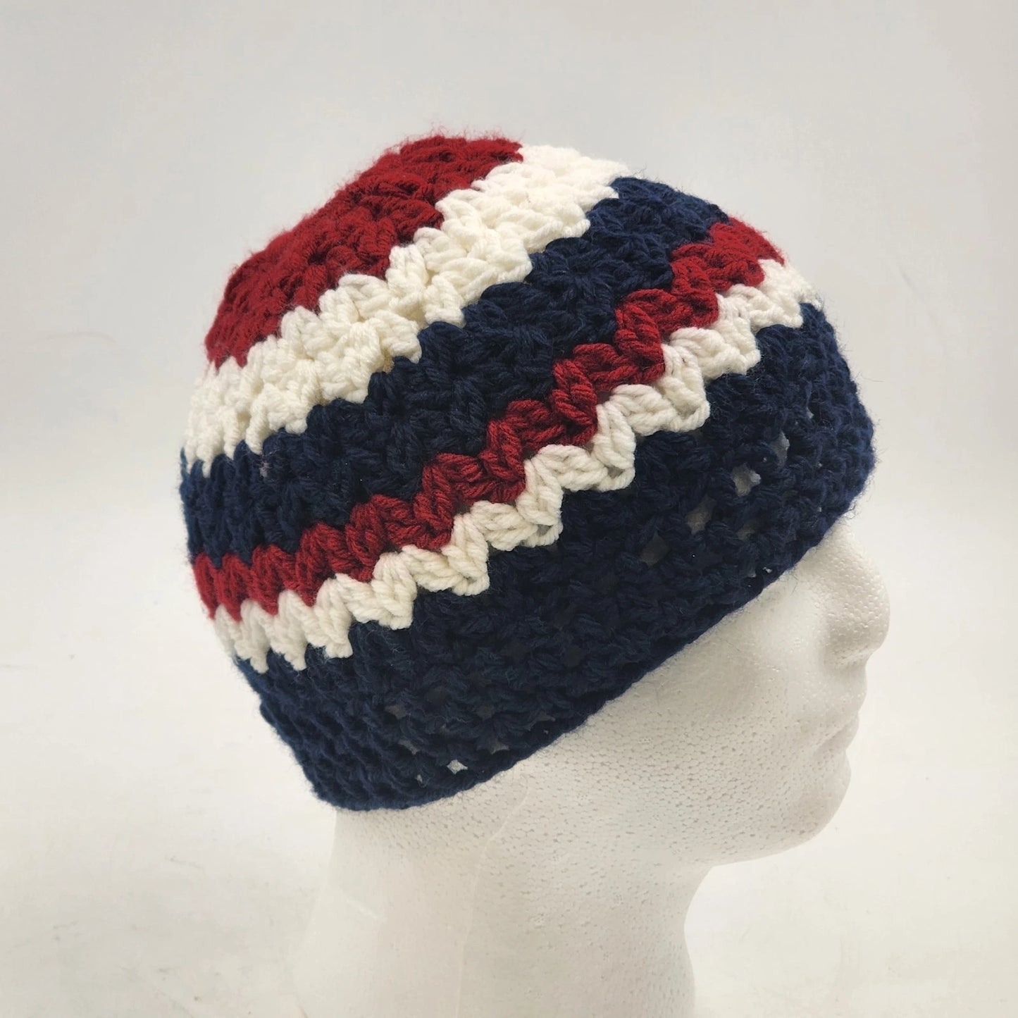 New Handmade Crochet Messy Bun Beanie Navy Blue Red White Ponytail Hat Medium