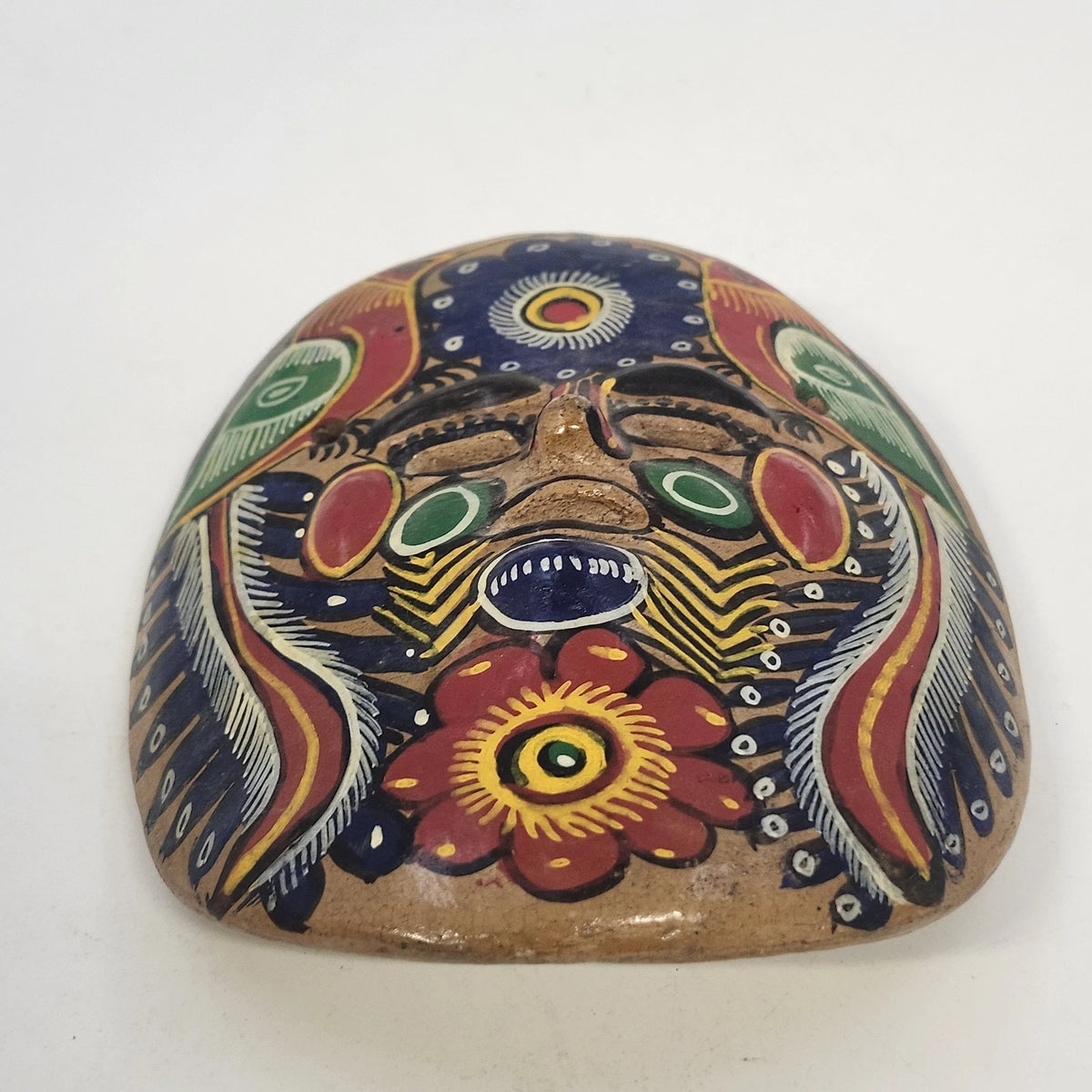 Hand Painted Natural Clay Wall Mask Bird Floral Folk Art 6" x 5" Mexican Pottery