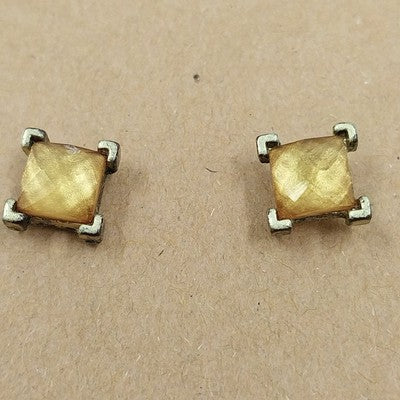 2 Pair Stud Earrings Gold Yellow & Silver Clear Purple Cube Stones