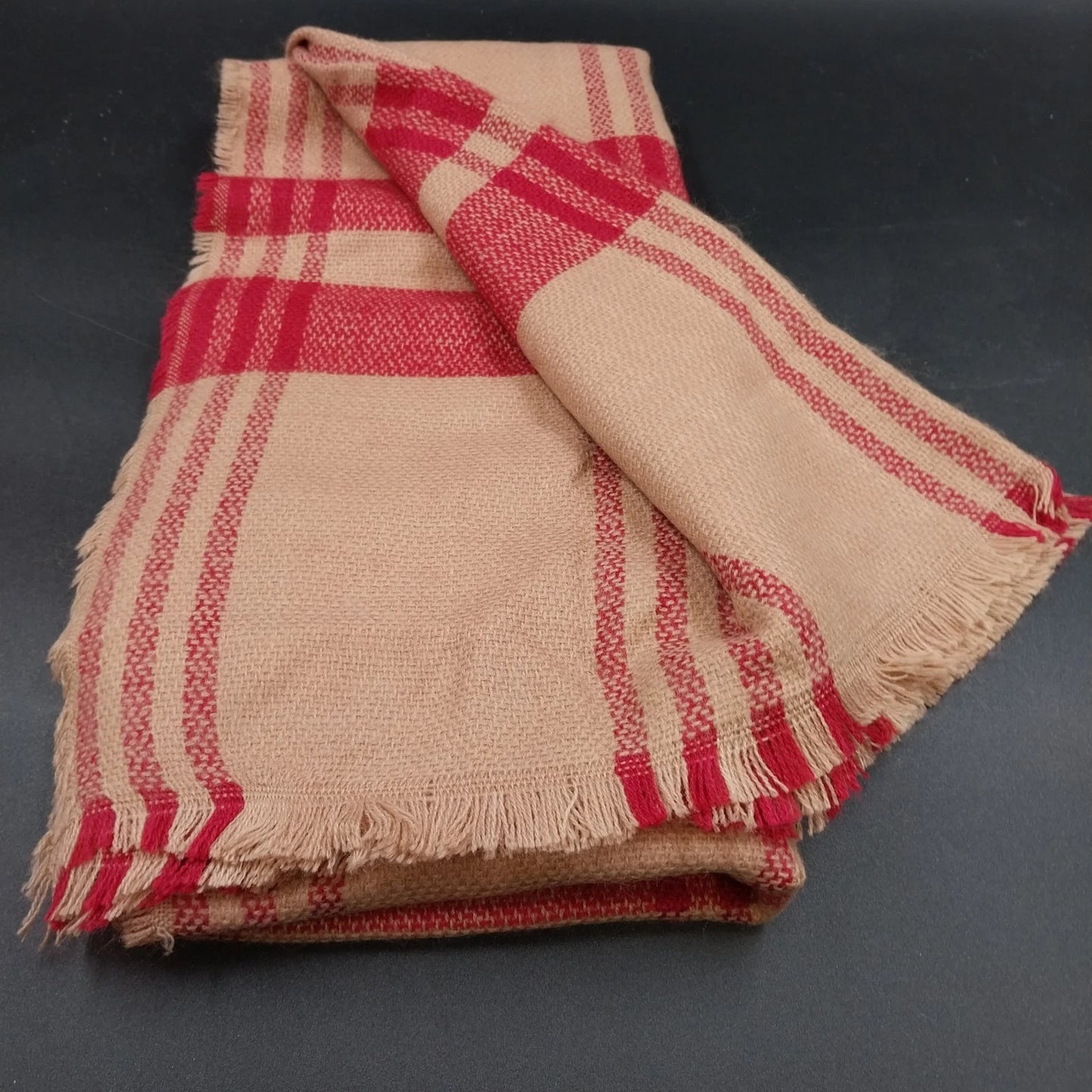 Beige Red Plaid Wool Rectangle Scarf 72"x32" Tartan Fringe Wrap Shawl Neckwarmer