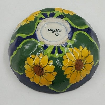 Mexican Folk Art Pottery Serving Bowl 8”x3" Talavera Sunflowers and Leaf Design