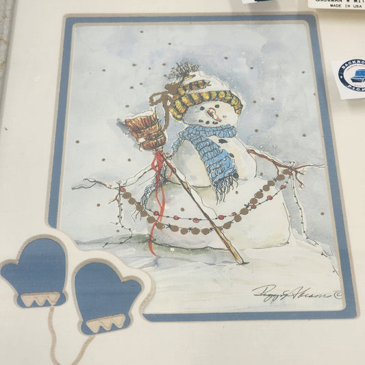 Peggy Abrams Framed Snowman Winter Art 8x10" White Frame Matting w Blue Mittens