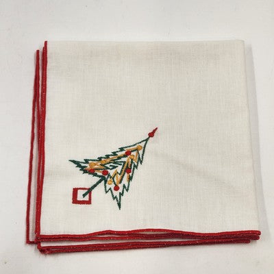 Set of 6 White Christmas Napkins 16" Red Hem Embroidered Holiday Designs
