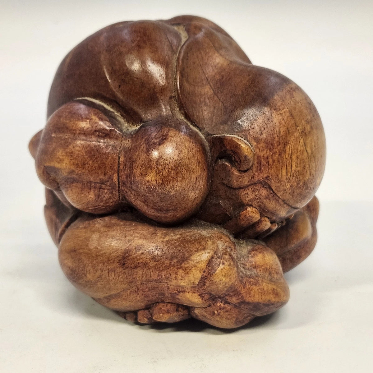 Hand Carved Wood Weeping Buddha Orang Malu Rustic Figurine 4" Meditation Pose